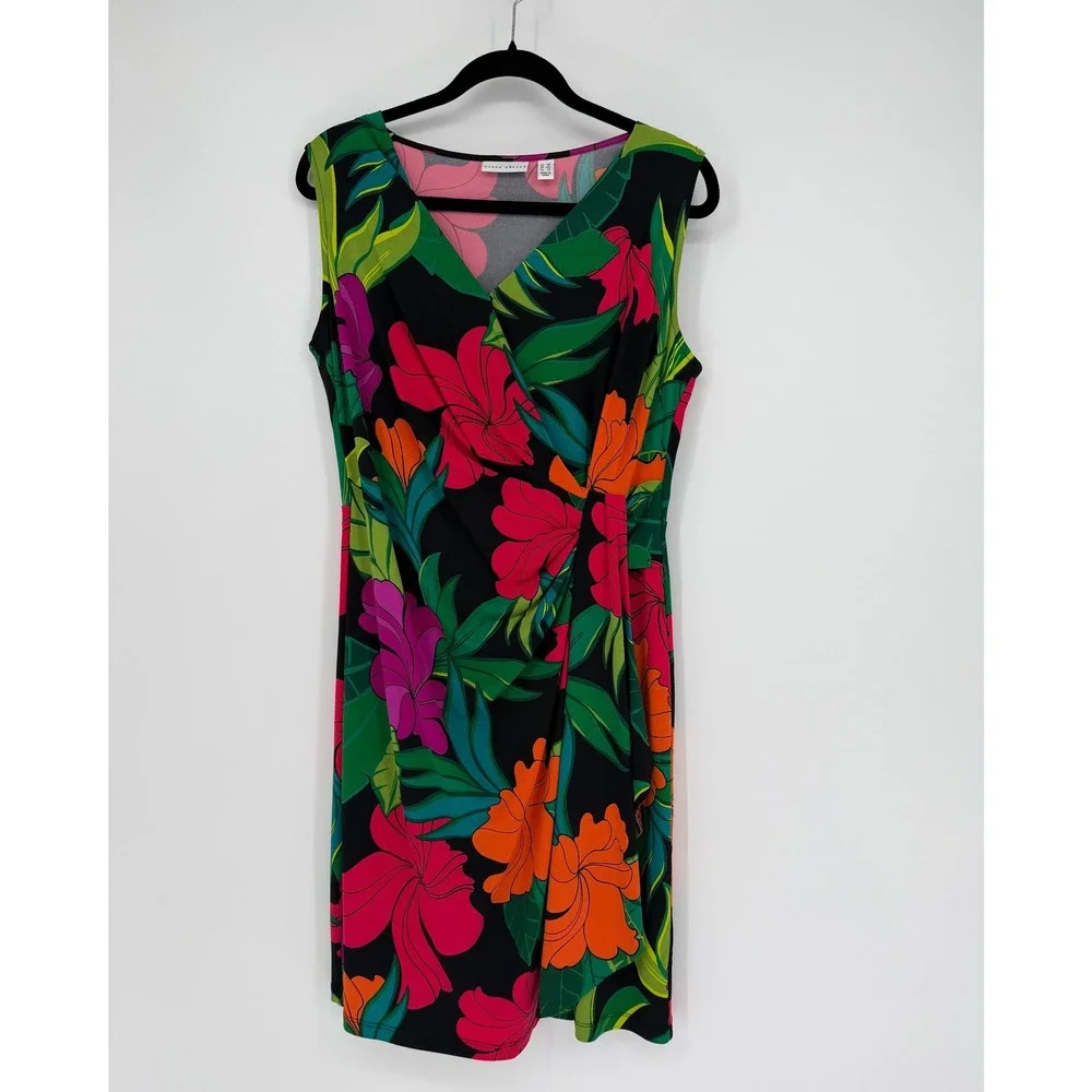 Susan Graver Liquid Knit Tropical Floral Dress and Cardigan Set Black Multi M